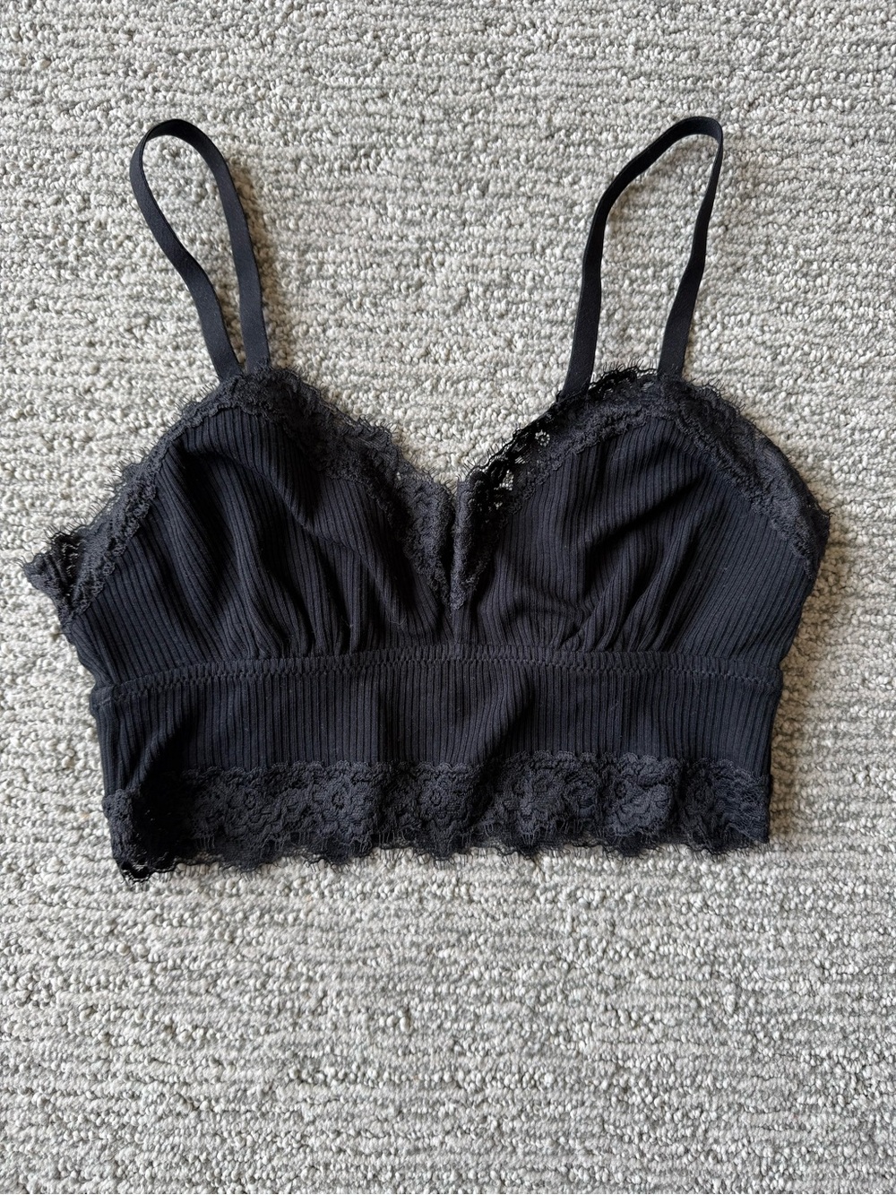 Aerie Eyelash Black Lace Trim Longline Ribbed Bralette Size XS NWT